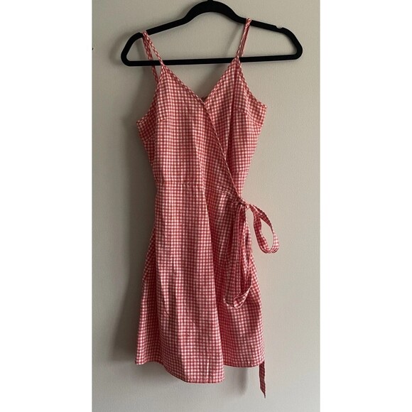Aerie Red Gingham Plaid Knee Length Wrap Dress Women's Size Small - Picture 1 of 8